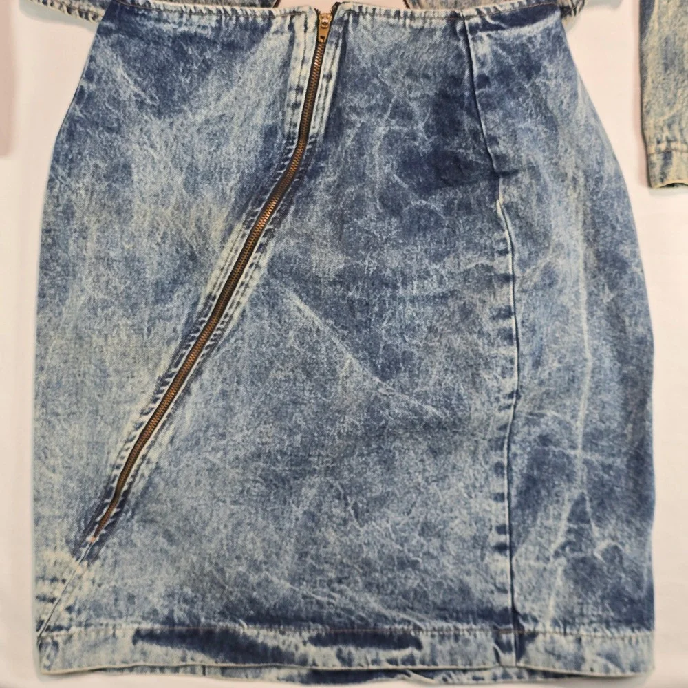 Champagne West Vintage 80s Acid Wash Denim Jacket and Skirt Set Blue Size 9/10 - Picture 3 of 15
